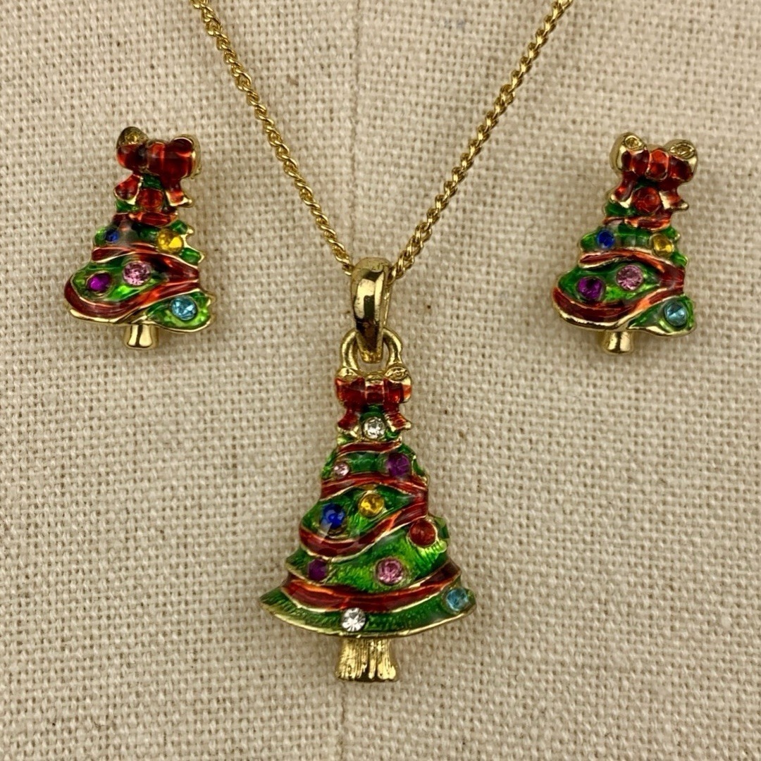 Christopher Radko Enamel Christmas Tree Sparkle Gold Tone Necklace Earrings Set